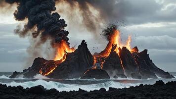 a volcano is erupting into the ocean with black lava photo