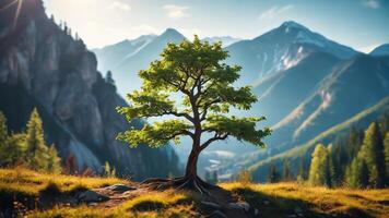 a lone tree stands overlooking a valley photo