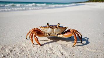 a crab walking on the beach near the ocean photo