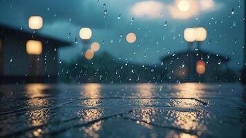 rainy cityscape with dark clouds and raindrops photo