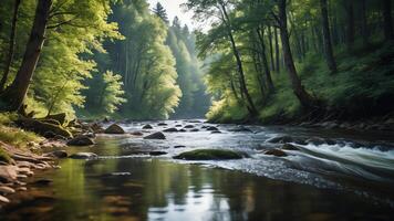 a river runs through a forest in the middle of a forest photo