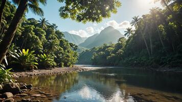 a river runs through a forest in the middle of a forest photo