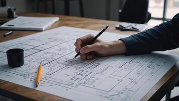 a man is working on a blueprint while sitting at a desk photo