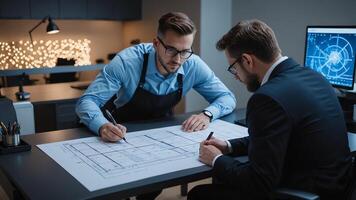 a man is working on a blueprint while sitting at a desk photo