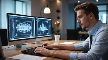 a man is working on a computer in front of two monitors photo