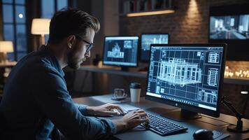 a man is working on a computer in front of two monitors photo