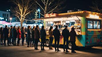people queue to buy food at a food truck photo
