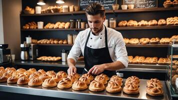 a man in an apron is working in a bakery photo