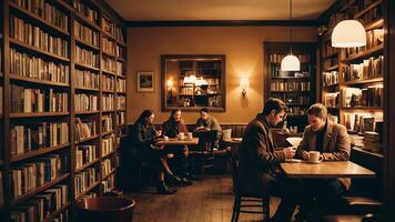 people sit in a cafe room with bookshelves and tables, while enjoying coffee photo