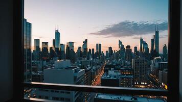a view of the city skyline from a window photo