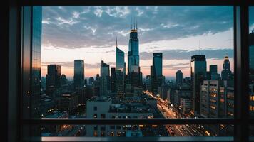 a view of the city skyline from a window photo