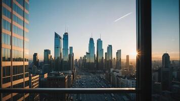 a view of the city skyline from a window photo