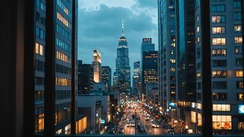 a view of the city skyline from a window photo