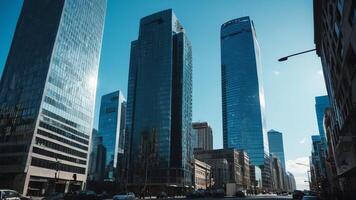 a city street with tall buildings in the background photo