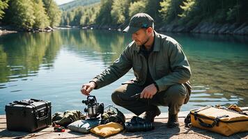 a person's activity of fishing in a lake photo