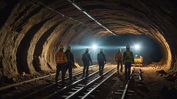a group of mine workers, mining activity in a tunnel photo
