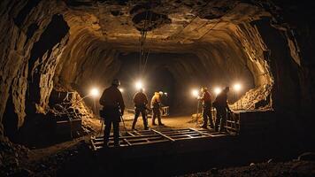 a group of mine workers, mining activity in a tunnel photo