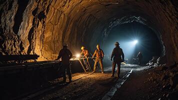 a group of mine workers, mining activity in a tunnel photo