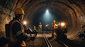 a group of mine workers, mining activity in a tunnel photo