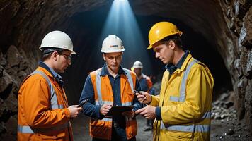 a group of mine workers, mining activity in a tunnel photo
