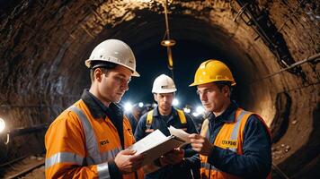 a group of mine workers, mining activity in a tunnel photo