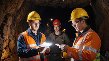 a group of mine workers, mining activity in a tunnel photo