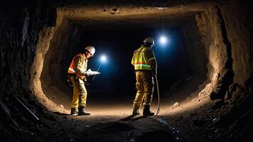 a group of mine workers, mining activity in a tunnel photo