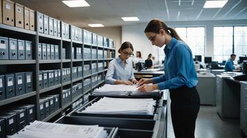 people in the document room office are looking at documents photo