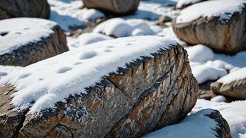 snow covered rocks in the middle of a snowy field photo
