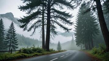 view of a quiet road in the middle of a forest with trees and fog photo