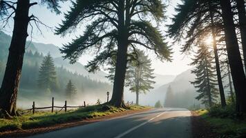 view of a quiet road in the middle of a forest with trees, shining sun, and beautiful mountain views photo