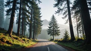 view of a quiet road in the middle of a forest with trees, shining sun, and beautiful mountain views photo