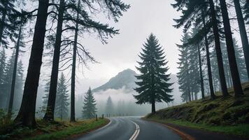 view of a quiet road in the middle of a forest with trees and fog photo