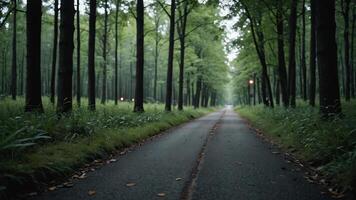 a wet road surrounded by trees forest photo