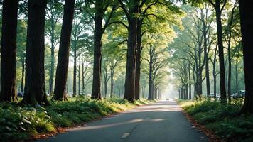 quiet road surrounded by forest trees photo