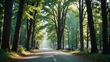 quiet road surrounded by forest trees photo