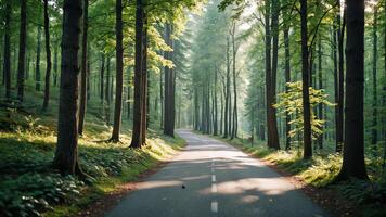view of a quiet road in the middle of a forest with trees, shining sun, and beautiful mountain views photo