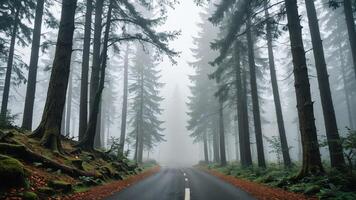view of a quiet road in the middle of a forest with trees and fog photo