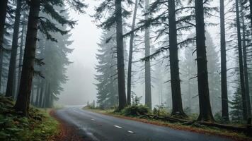 view of a quiet road in the middle of a forest with trees and fog photo
