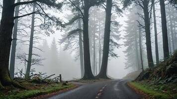 view of a quiet road in the middle of a forest with trees and fog photo