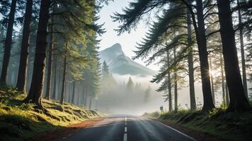 view of a quiet road in the middle of a forest with trees, shining sun, and beautiful mountain views photo