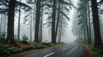 view of a quiet road in the middle of a forest with trees and fog photo