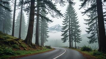 view of a quiet road in the middle of a forest with trees and fog photo