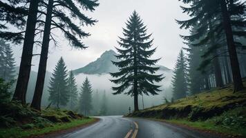 view of a quiet road in the middle of a forest with trees and fog photo