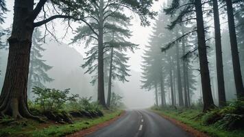view of a quiet road in the middle of a forest with trees and fog photo