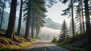 view of a quiet road in the middle of a forest with trees, shining sun, and beautiful mountain views photo