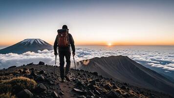 a man with a backpack walking through a mountain trail photo