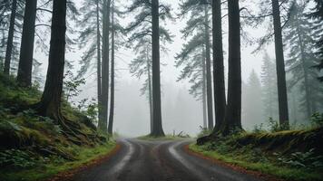 view of a quiet road in the middle of a forest with trees and fog photo