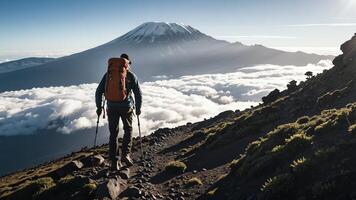 a man with a backpack walking through a mountain trail photo