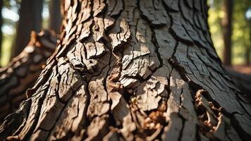 a close up of a tree trunk with sun shining through photo